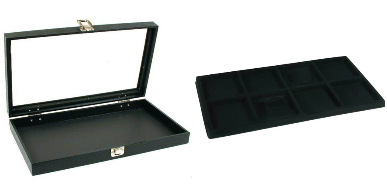 Black Glass Top Jewelry Case w/ 1 Black 8-Slot Plastic Tray (Single metal latch)